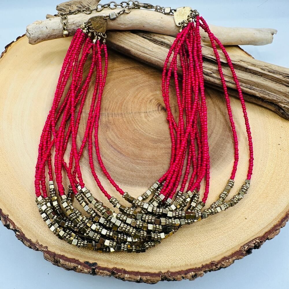 Chico’s Vintage Red/Pink Tones Multi-Strand beaded Statement Necklace
